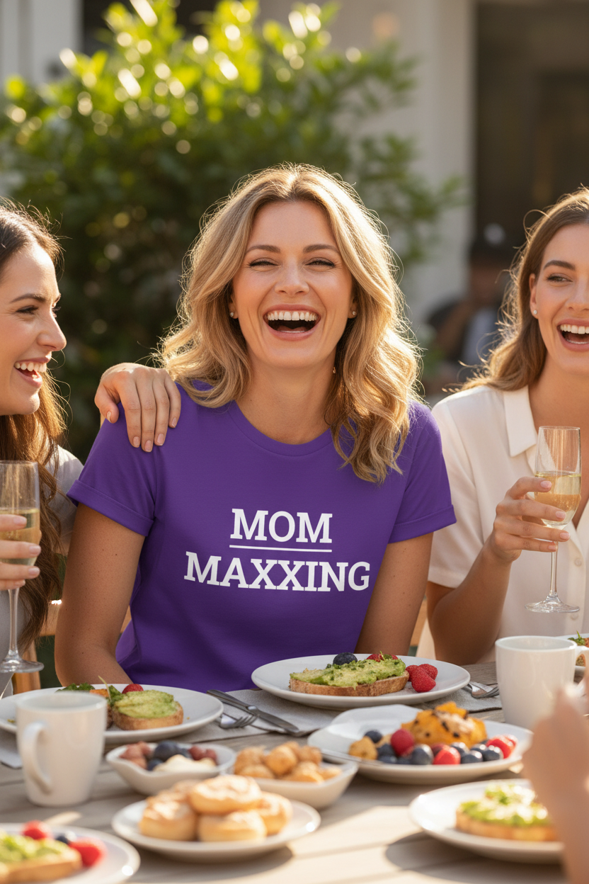 White woman wearing purple MOM_MAXXING t-shirt at girls brunch