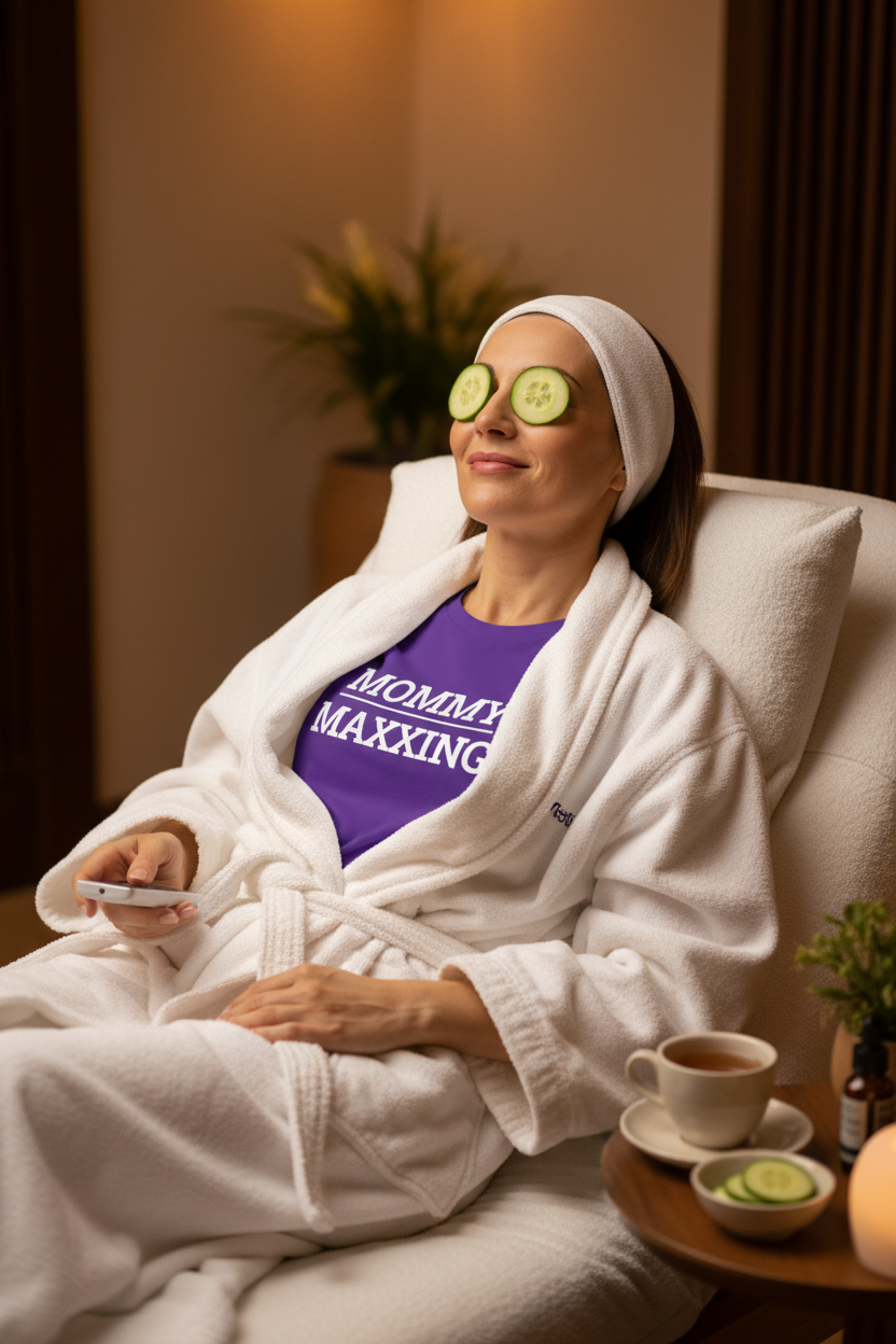 Woman wearing purple MOMMY_MAXXING t-shirt at spa day