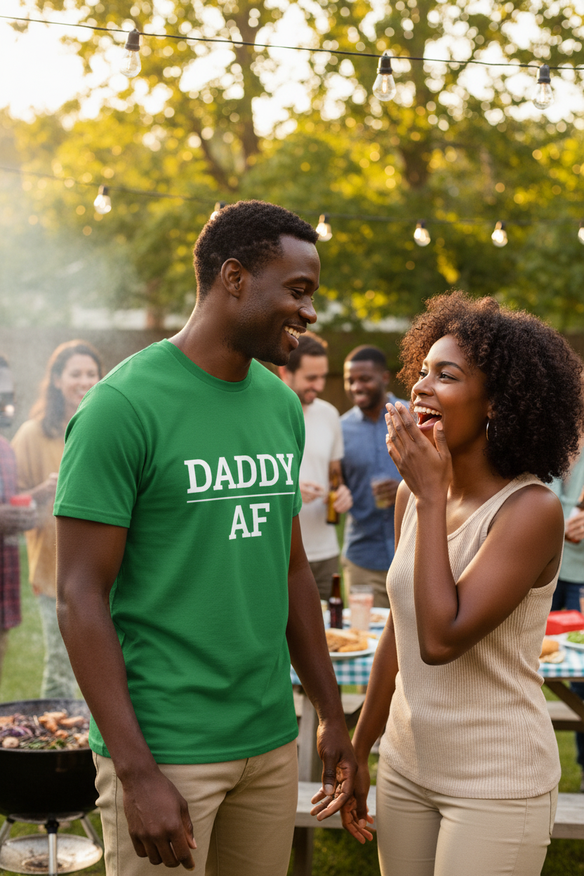 Attractive Black man wearing green DADDY_AF t-shirt, woman smiling at him at cookout