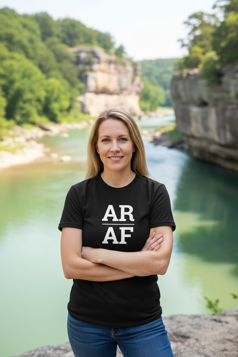Person wearing black Arkansas t-shirt at Buffalo National River