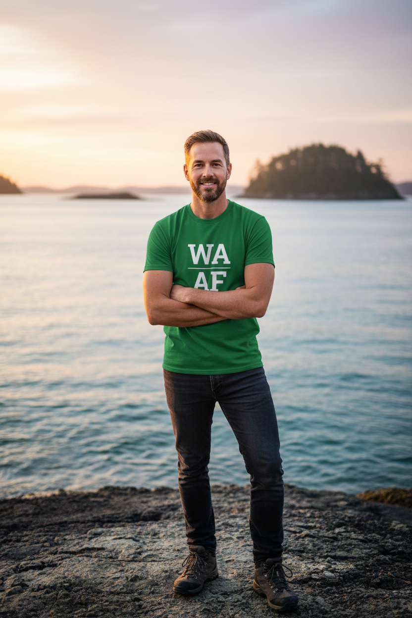 Person wearing green WA_AF t-shirt at the San Juan Islands