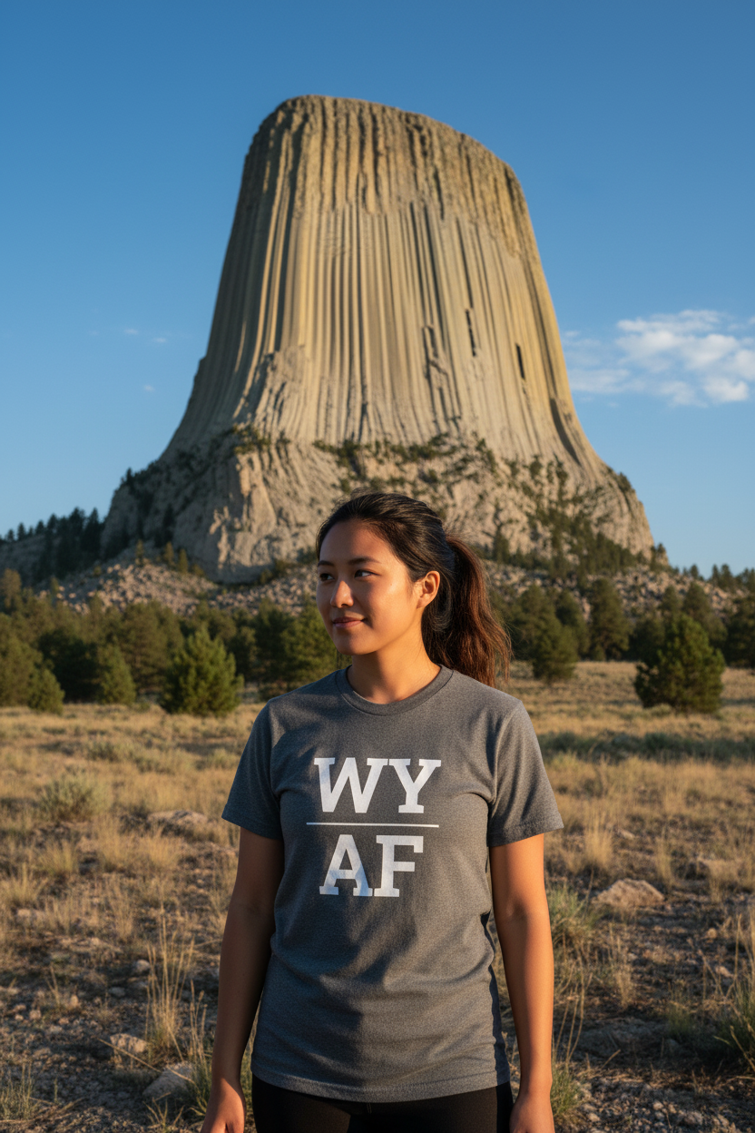 Person wearing charcoal WY_AF t-shirt at Devils Tower, Wyoming
