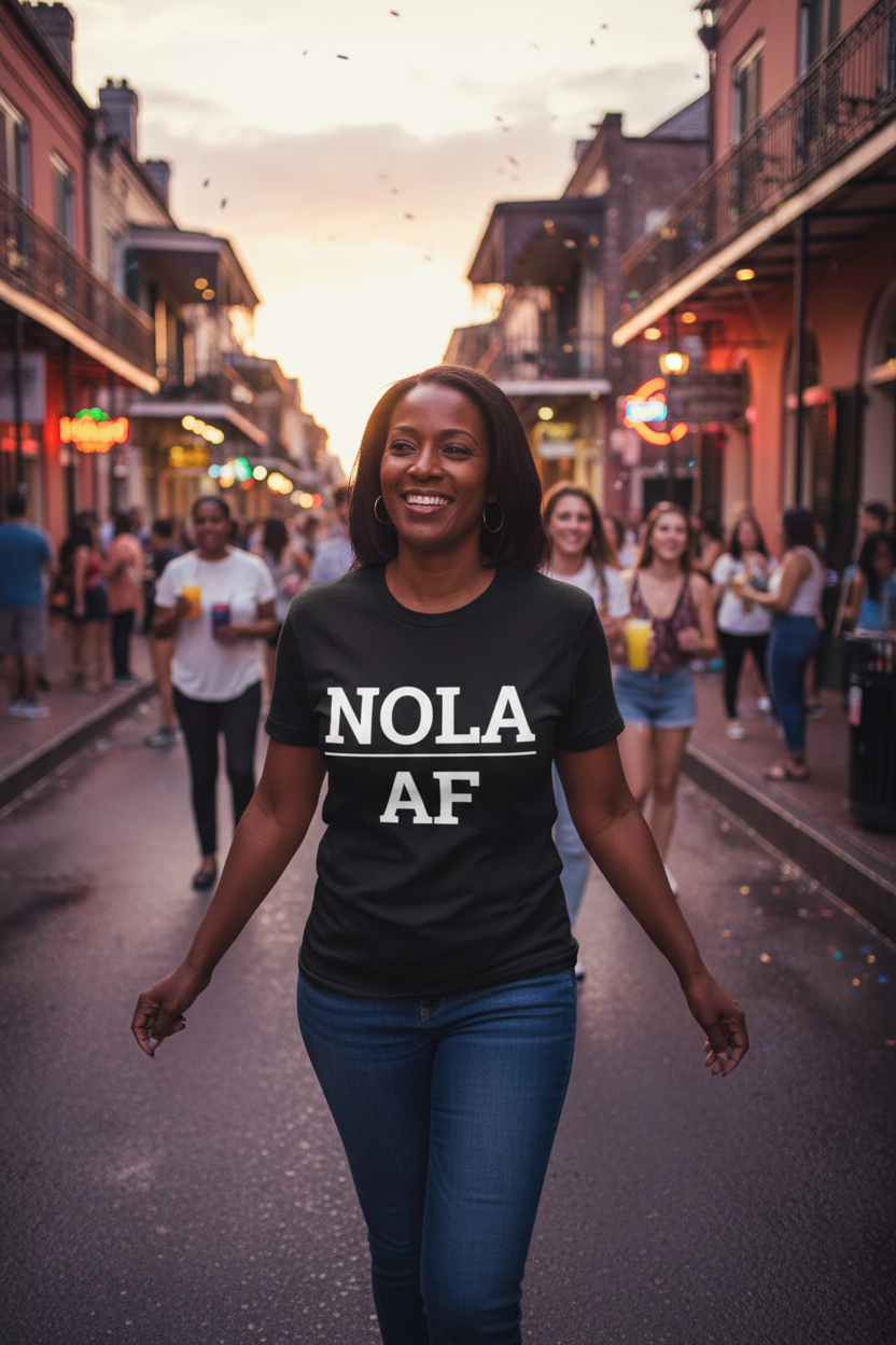 Black woman wearing black NOLA_AF t-shirt on Bourbon Street New Orleans