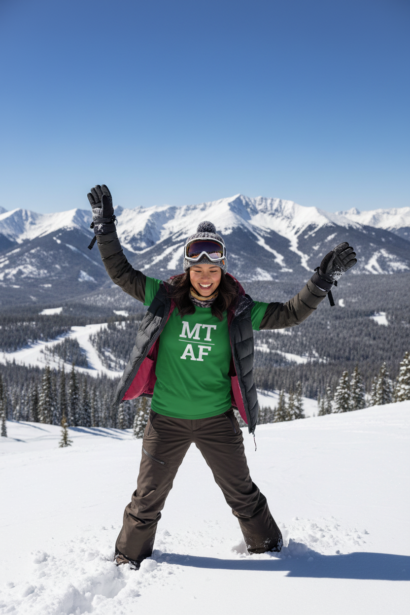 Person wearing green Montana t-shirt at Big Sky Resort