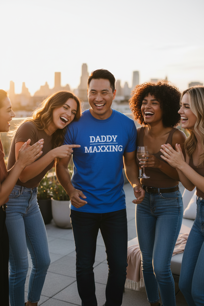 Asian man wearing blue DADDY_MAXXING t-shirt with women laughing around him