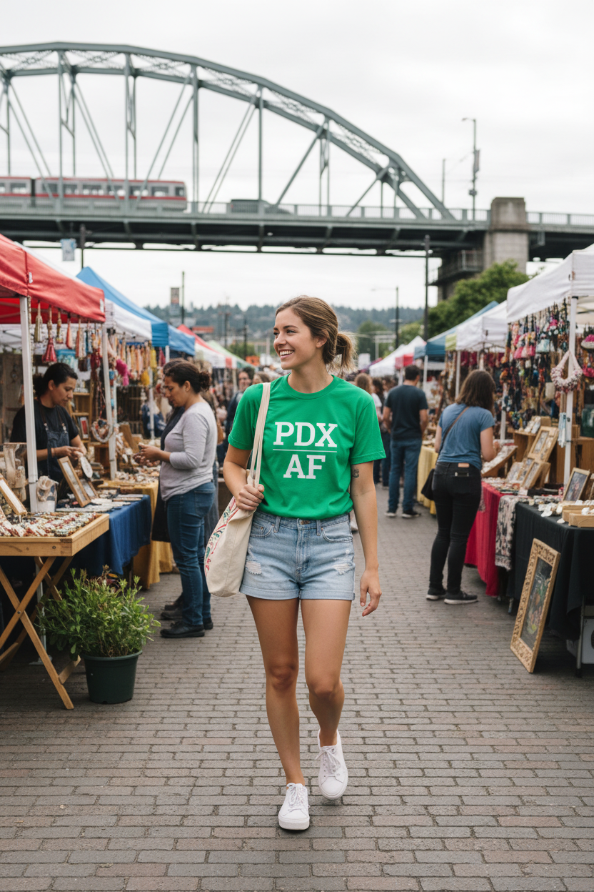 Model wearing PDX_AF irish green tee at Portland Saturday Market under Burnside Bridge, Portland, OR