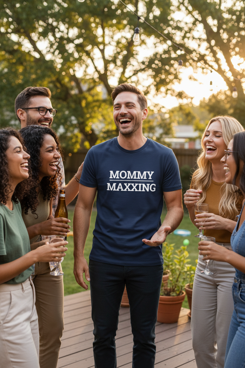 White man wearing navy MOMMY_MAXXING t-shirt at backyard party with group of friends