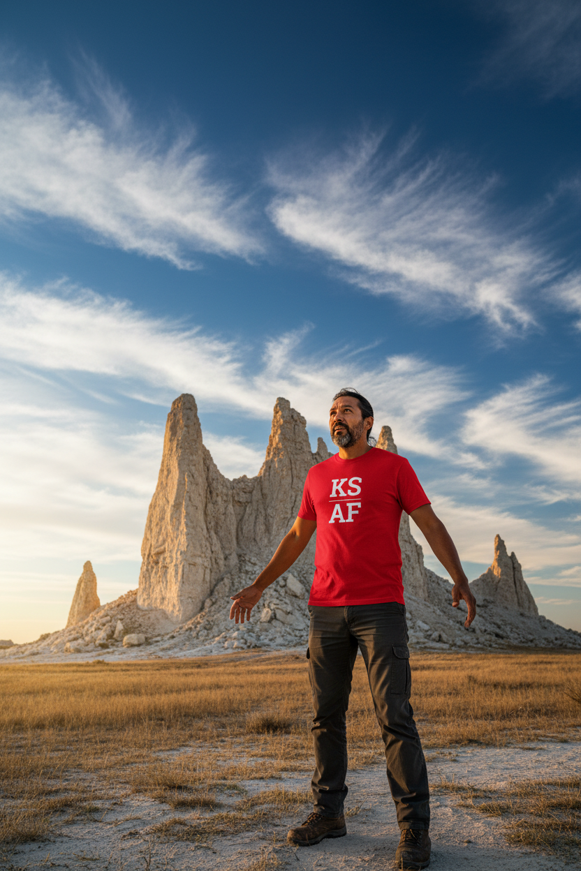 Person wearing red Kansas t-shirt at Monument Rocks
