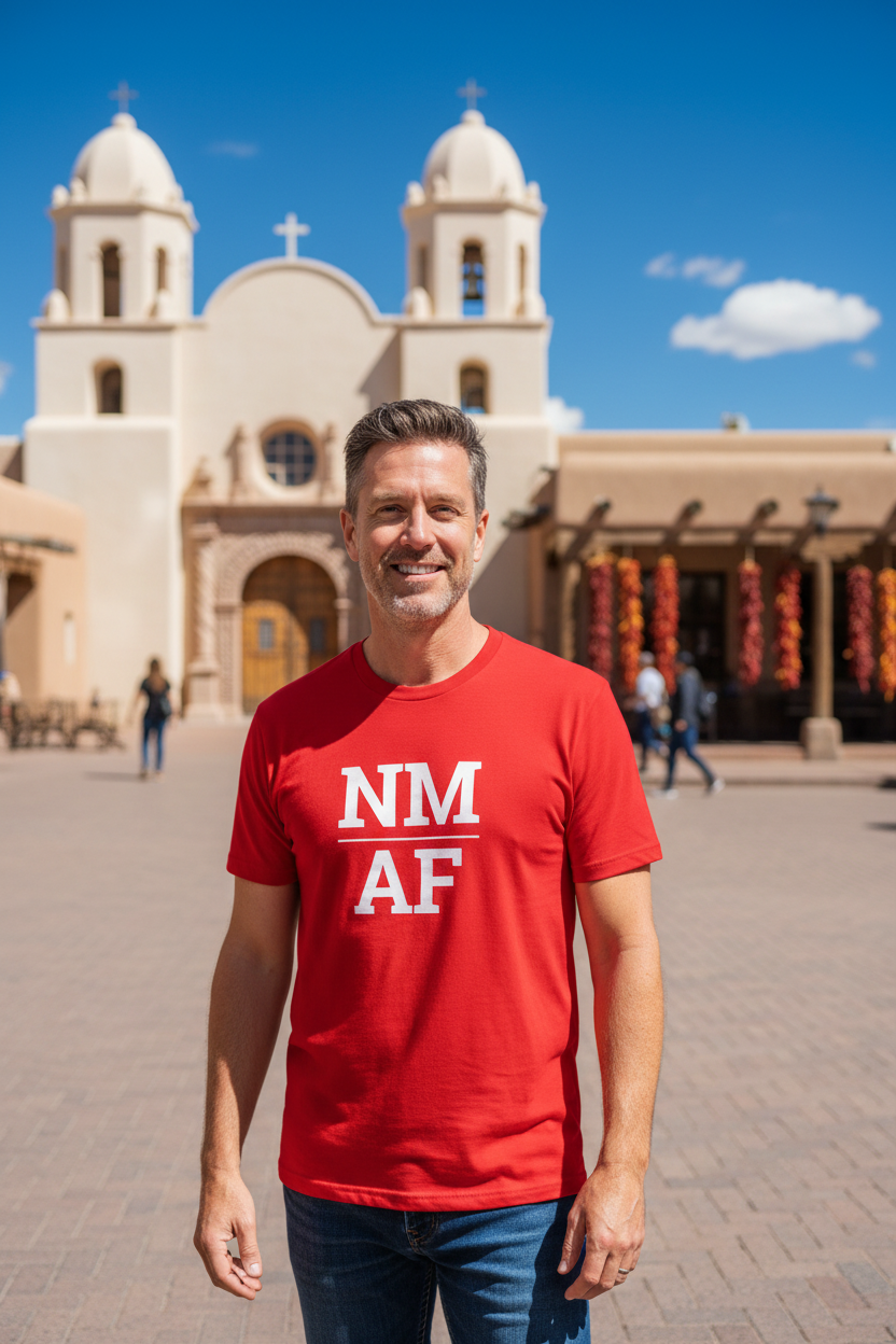 Person wearing red New Mexico t-shirt in Old Town Albuquerque