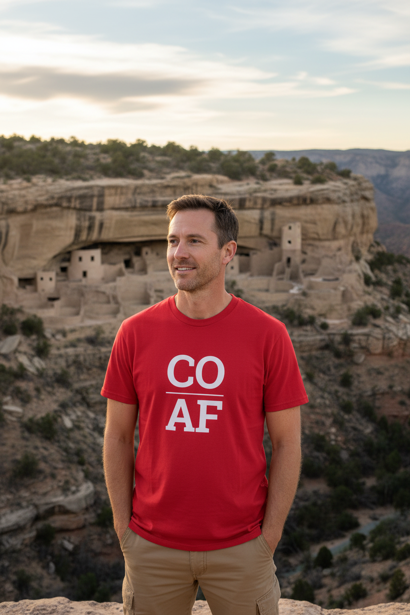 Person wearing red Colorado t-shirt at Mesa Verde National Park