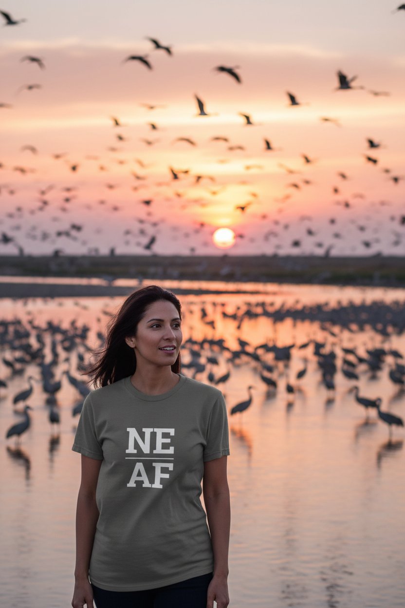 Person wearing grey Nebraska t-shirt at the Platte River crane migration