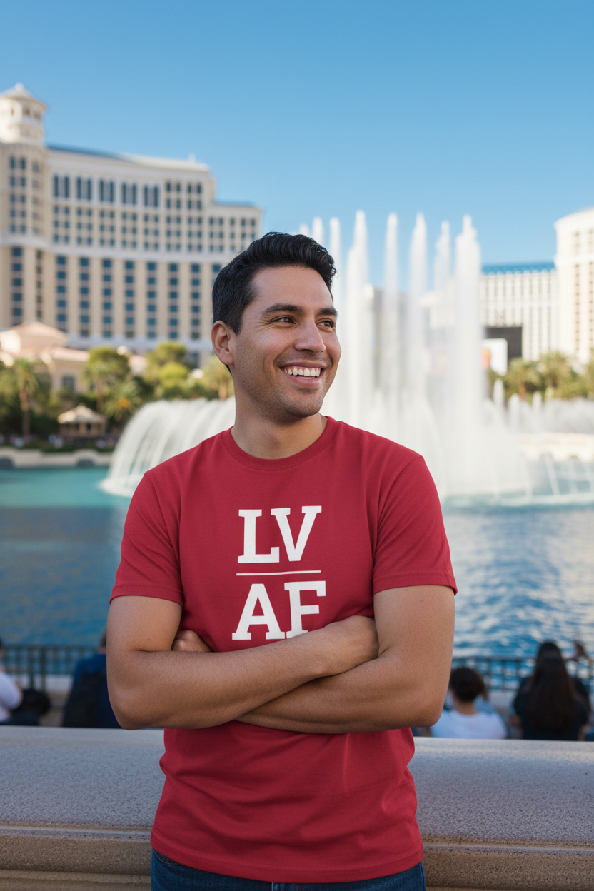 Latino man wearing cardinal LV_AF t-shirt at Bellagio fountains Las Vegas