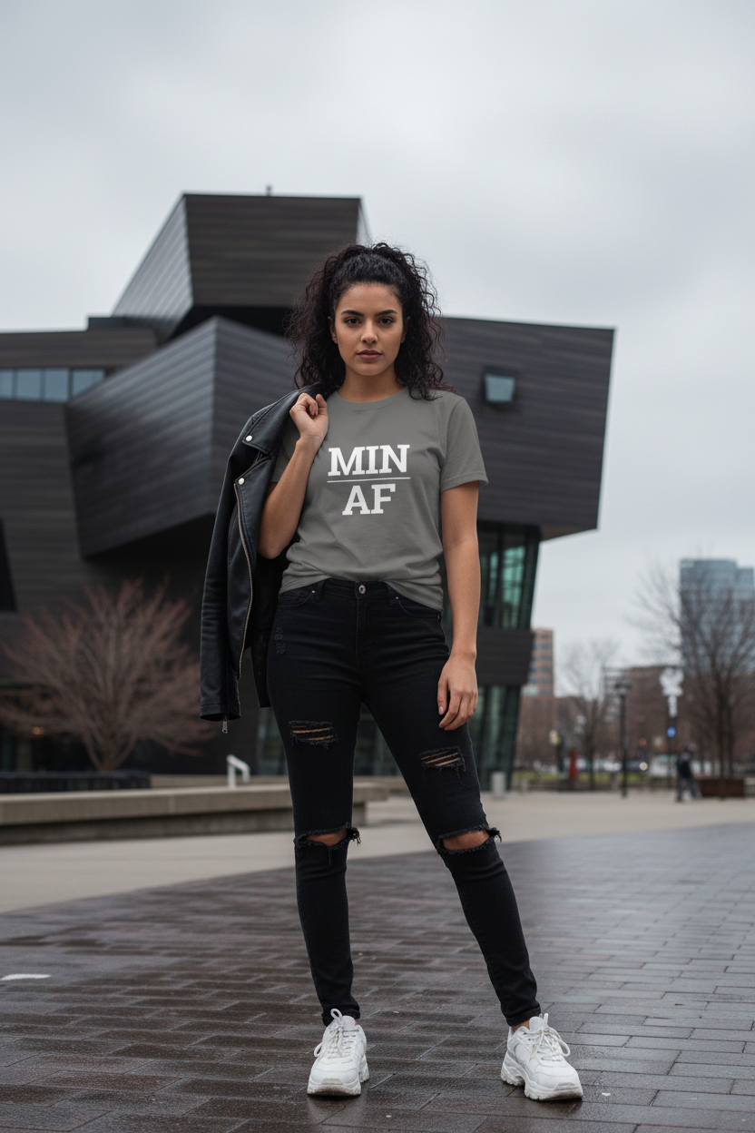 Model wearing MIN_AF charcoal grey tee at the Walker Art Center in Minneapolis, MN