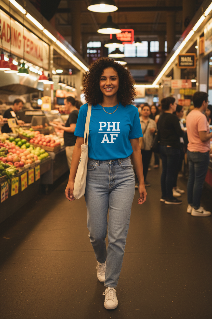 Model wearing PHI_AF sapphire blue tee at Reading Terminal Market, Philadelphia, PA