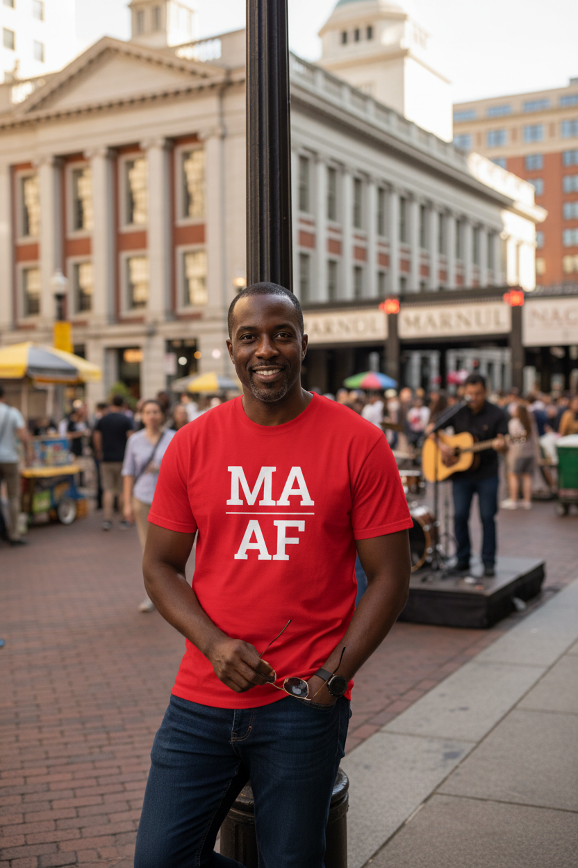 Person wearing red Massachusetts t-shirt at Quincy Market and Faneuil Hall