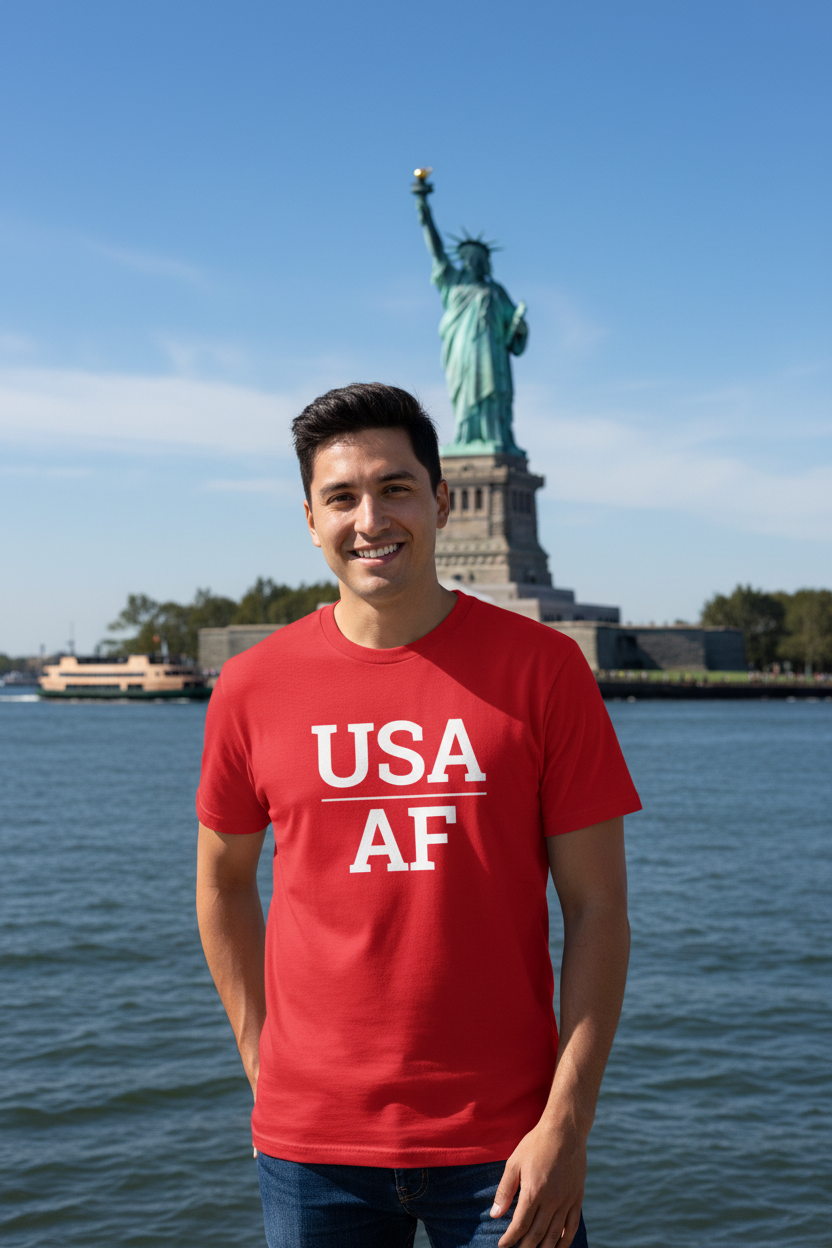 USA_AF red shirt at the Statue of Liberty, New York