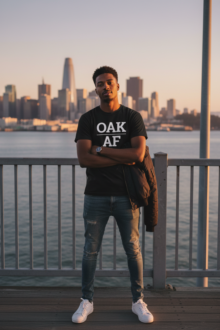 Model wearing OAK_AF black tee at the Bay Bridge with San Francisco skyline, Oakland, CA