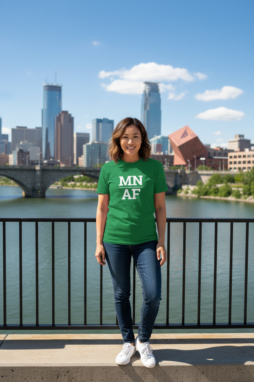 Person wearing green Minnesota t-shirt at the Stone Arch Bridge