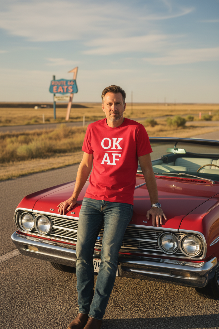 Person wearing red Oklahoma t-shirt on Route 66