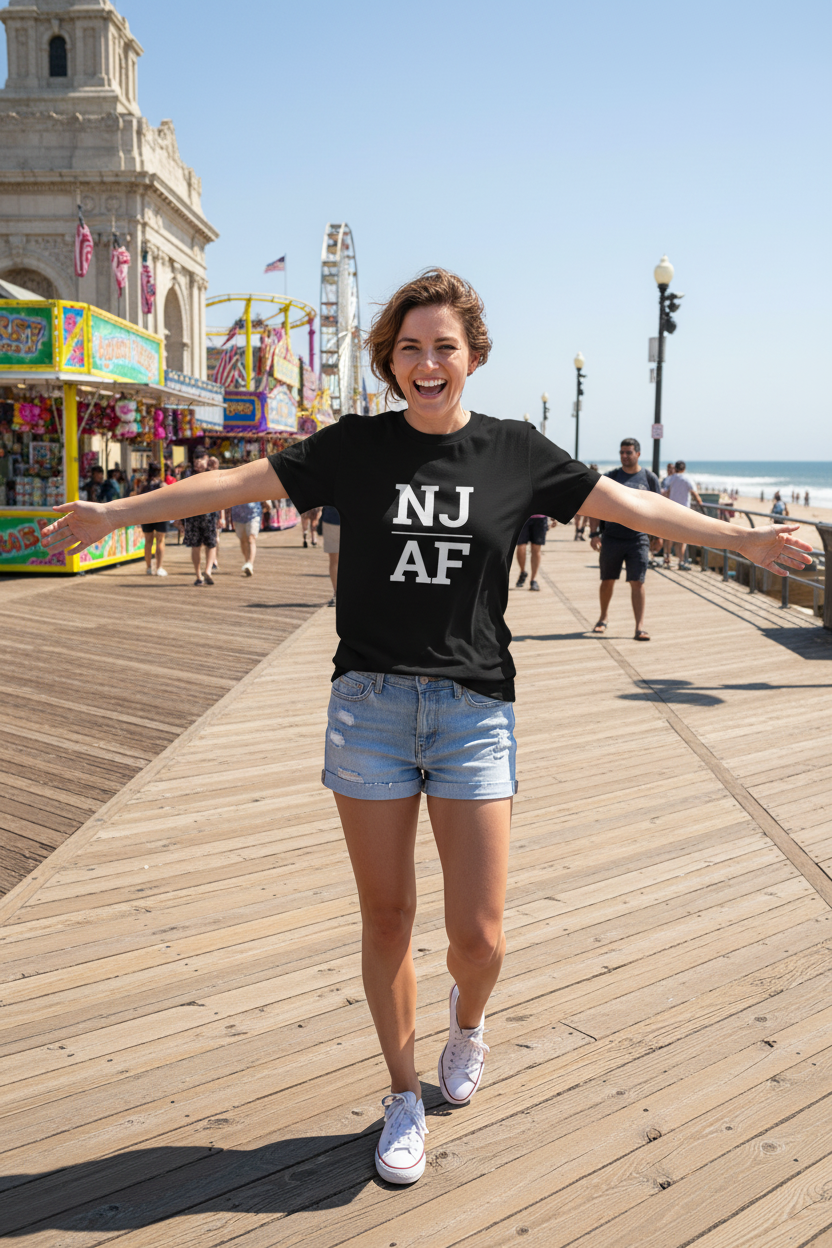 Person wearing black New Jersey t-shirt at Asbury Park boardwalk