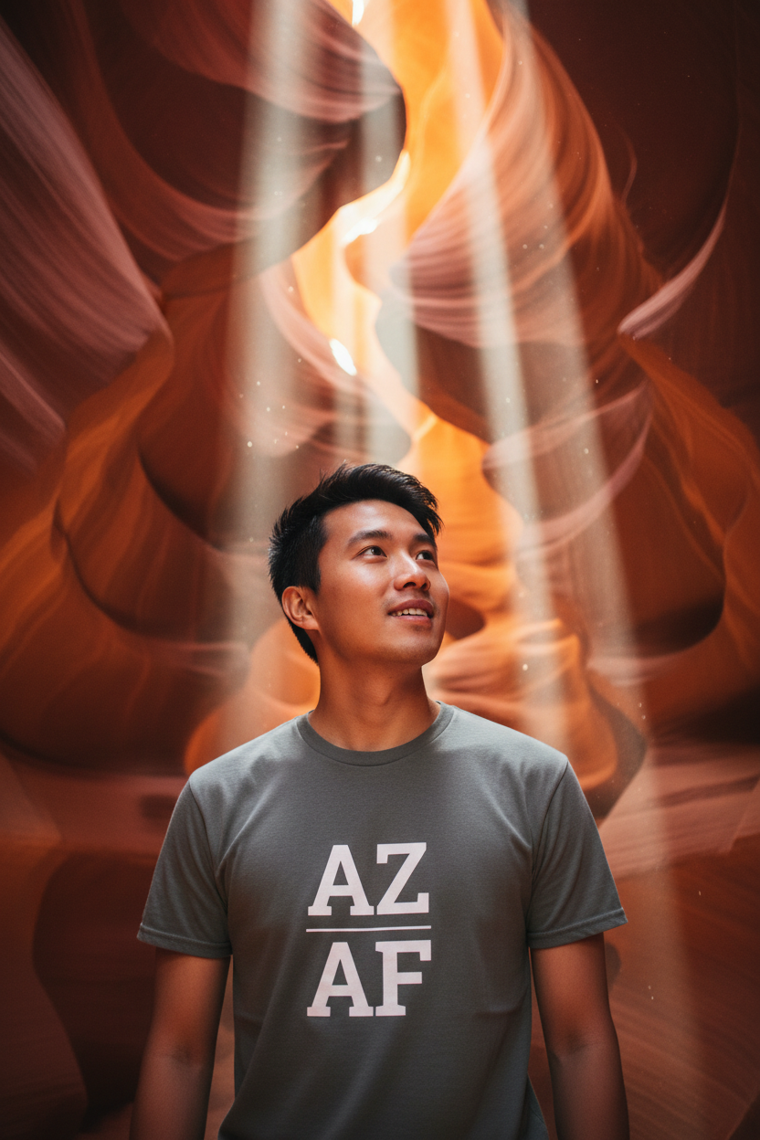 Person wearing grey Arizona t-shirt at Antelope Canyon