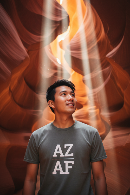 Person wearing grey Arizona t-shirt at Antelope Canyon