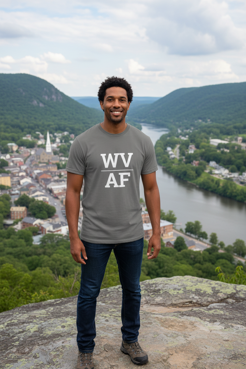 Person wearing charcoal WV_AF t-shirt at Harpers Ferry, West Virginia