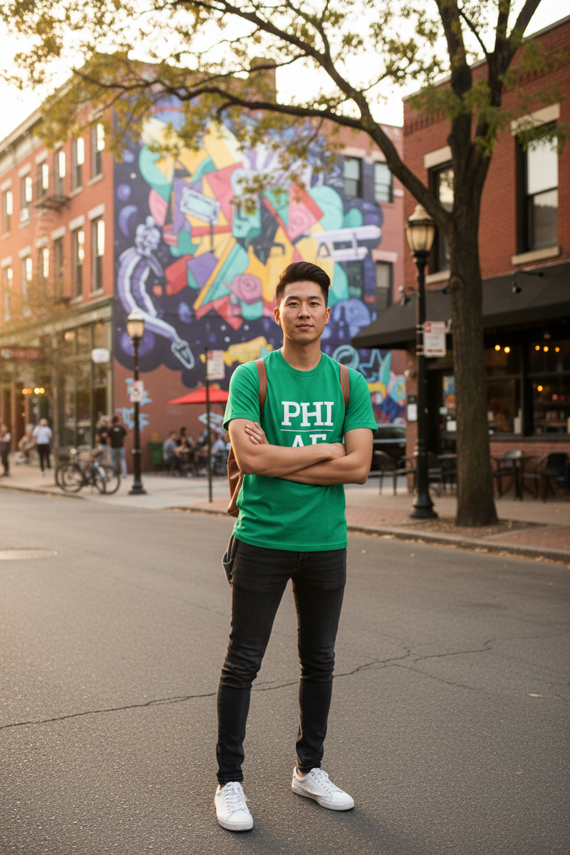 Model wearing PHI_AF irish green tee in the Fishtown neighborhood, Philadelphia, PA