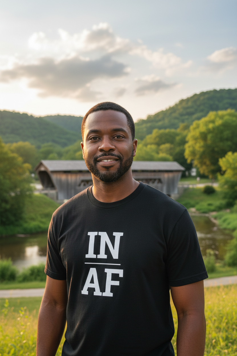 Person wearing black Indiana t-shirt at Parke County covered bridges