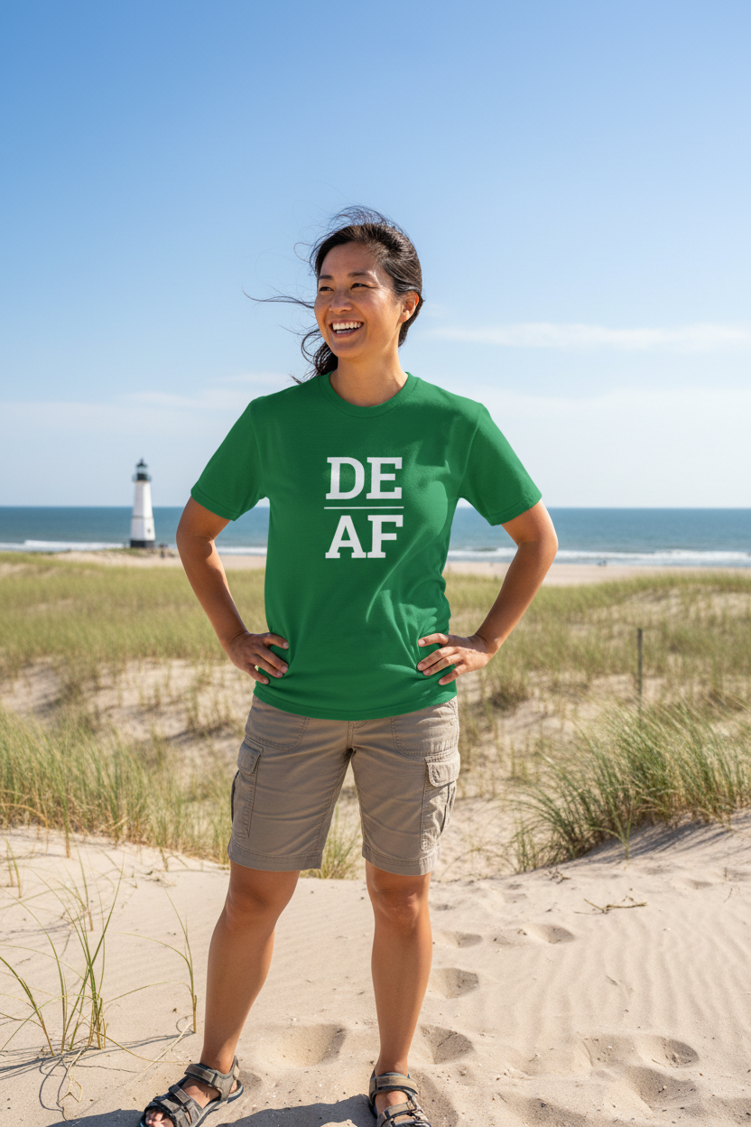 Person wearing green Delaware t-shirt at Cape Henlopen State Park