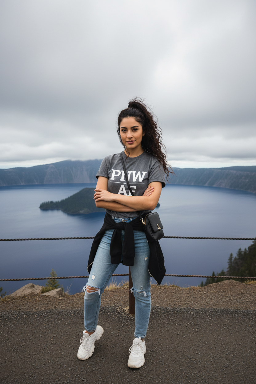 Model wearing PNW_AF charcoal grey tee at Crater Lake National Park, Oregon