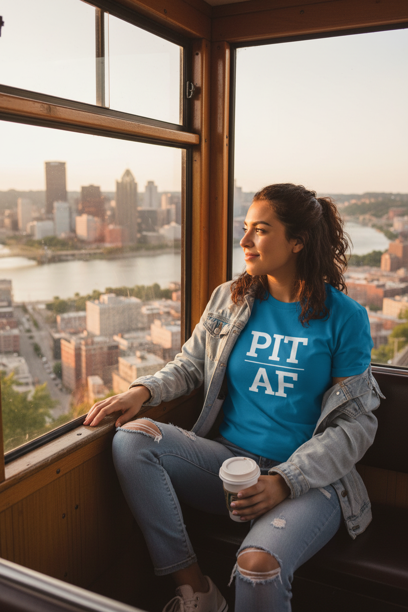 Model wearing PIT_AF sapphire blue tee on the Duquesne Incline with Pittsburgh skyline, Pittsburgh, PA