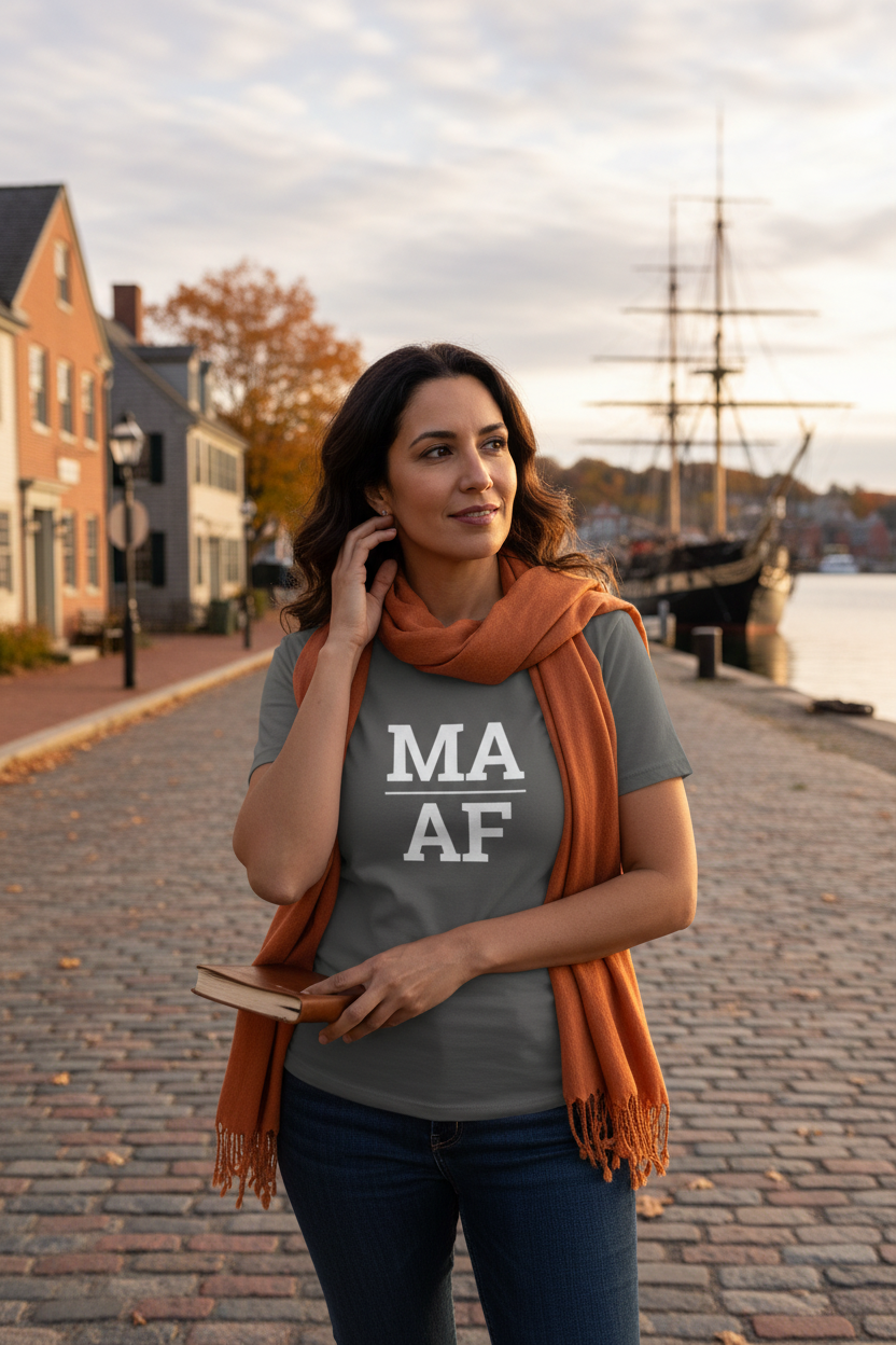 Person wearing grey Massachusetts t-shirt at the Salem waterfront
