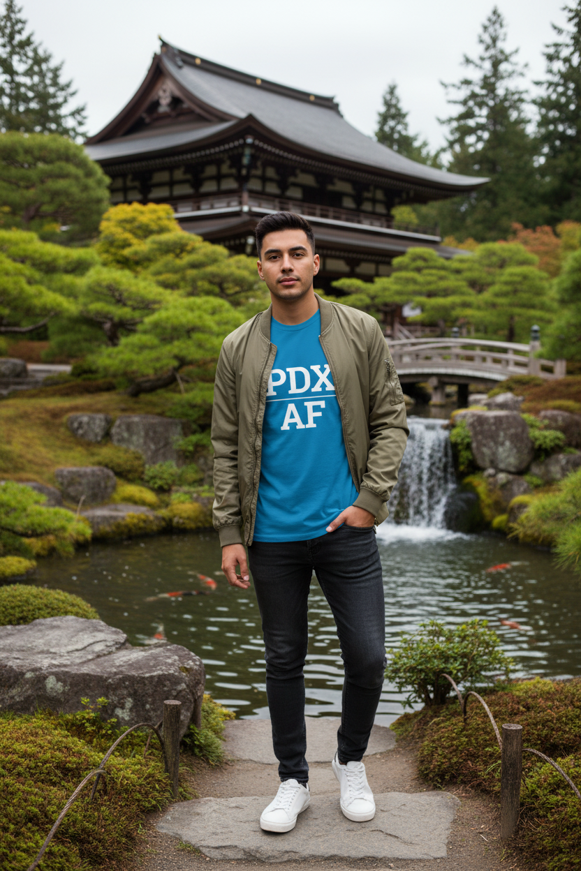 Model wearing PDX_AF sapphire blue tee at the Portland Japanese Garden, Portland, OR