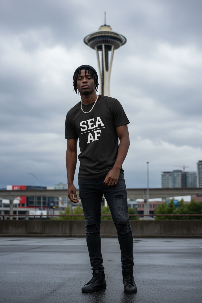Model wearing SEA_AF black tee at the Space Needle, Seattle, WA
