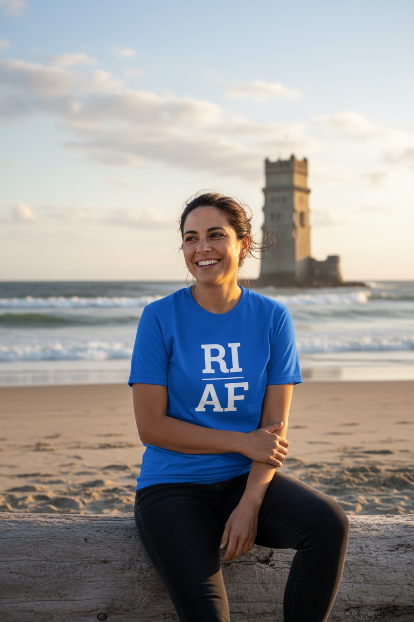 Person wearing blue Rhode Island t-shirt at Narragansett Beach