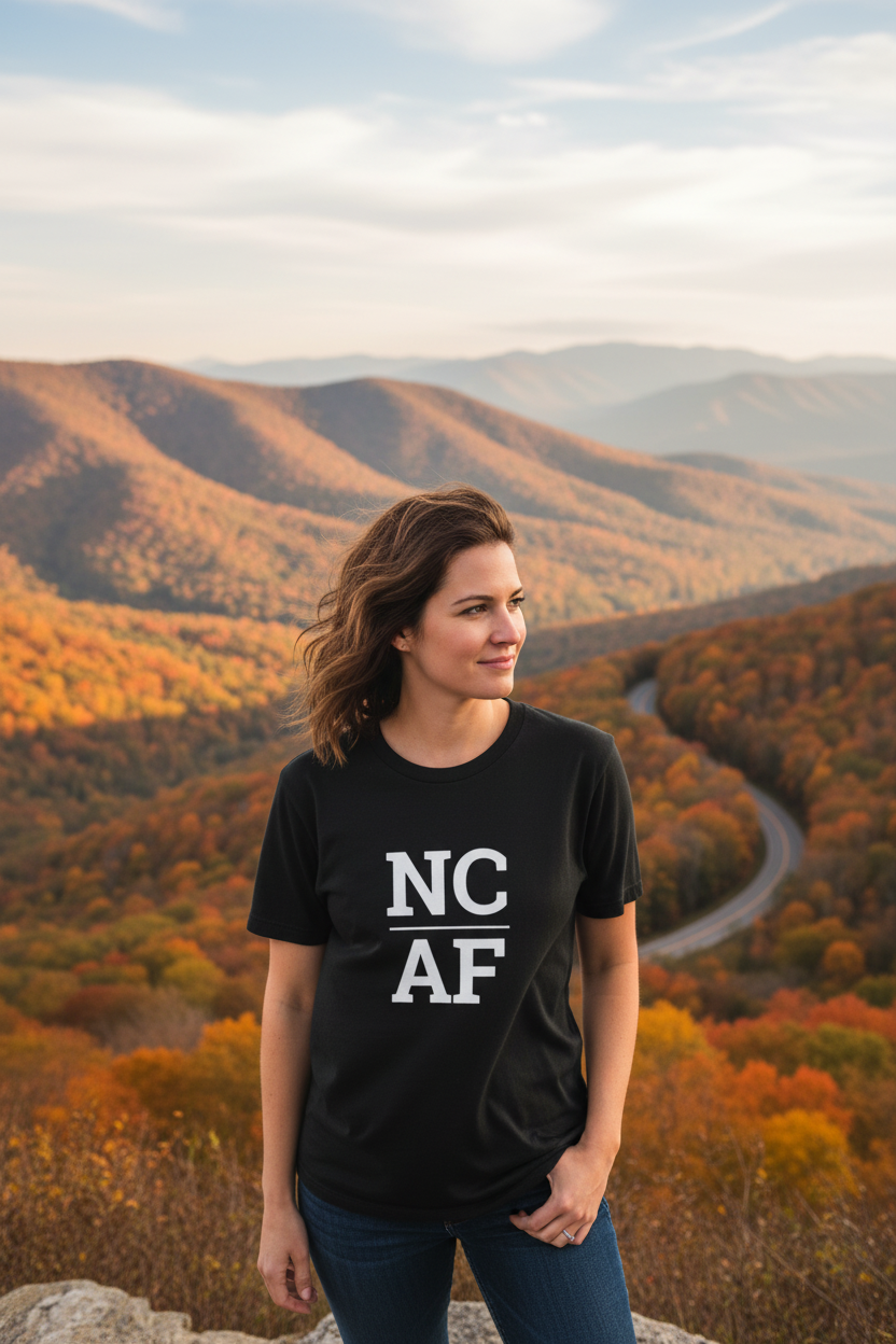 Person wearing black North Carolina t-shirt on the Blue Ridge Parkway