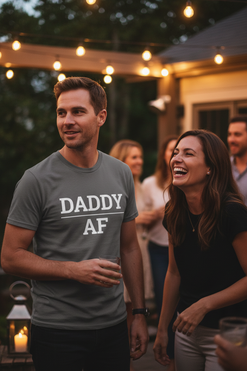Attractive white man wearing charcoal DADDY_AF t-shirt, woman smiling at him at evening gathering