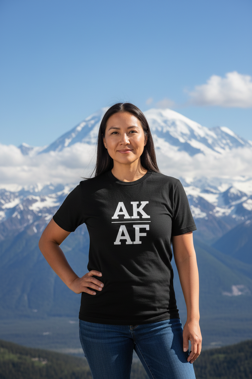 Person wearing black Alaska t-shirt with Denali mountain backdrop