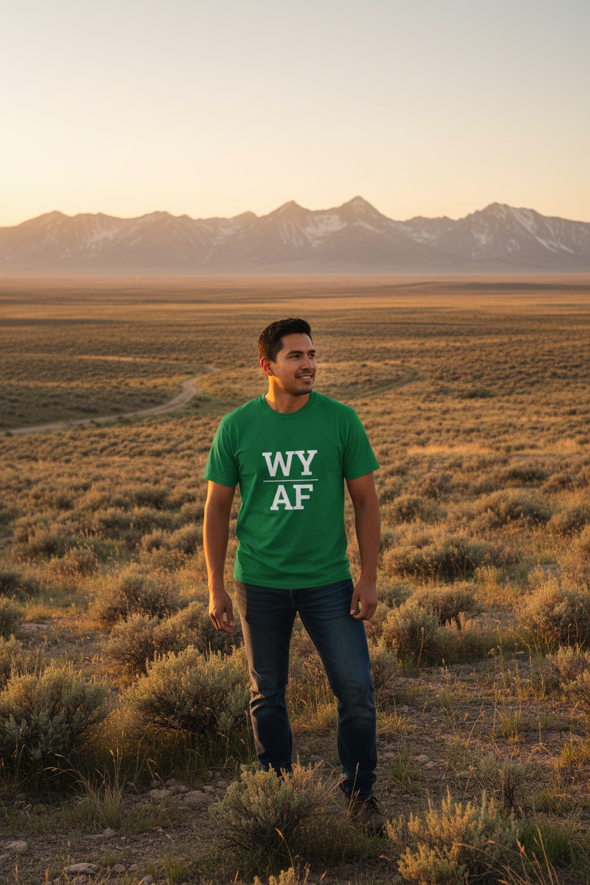 Person wearing green WY_AF t-shirt on Wyoming high plains