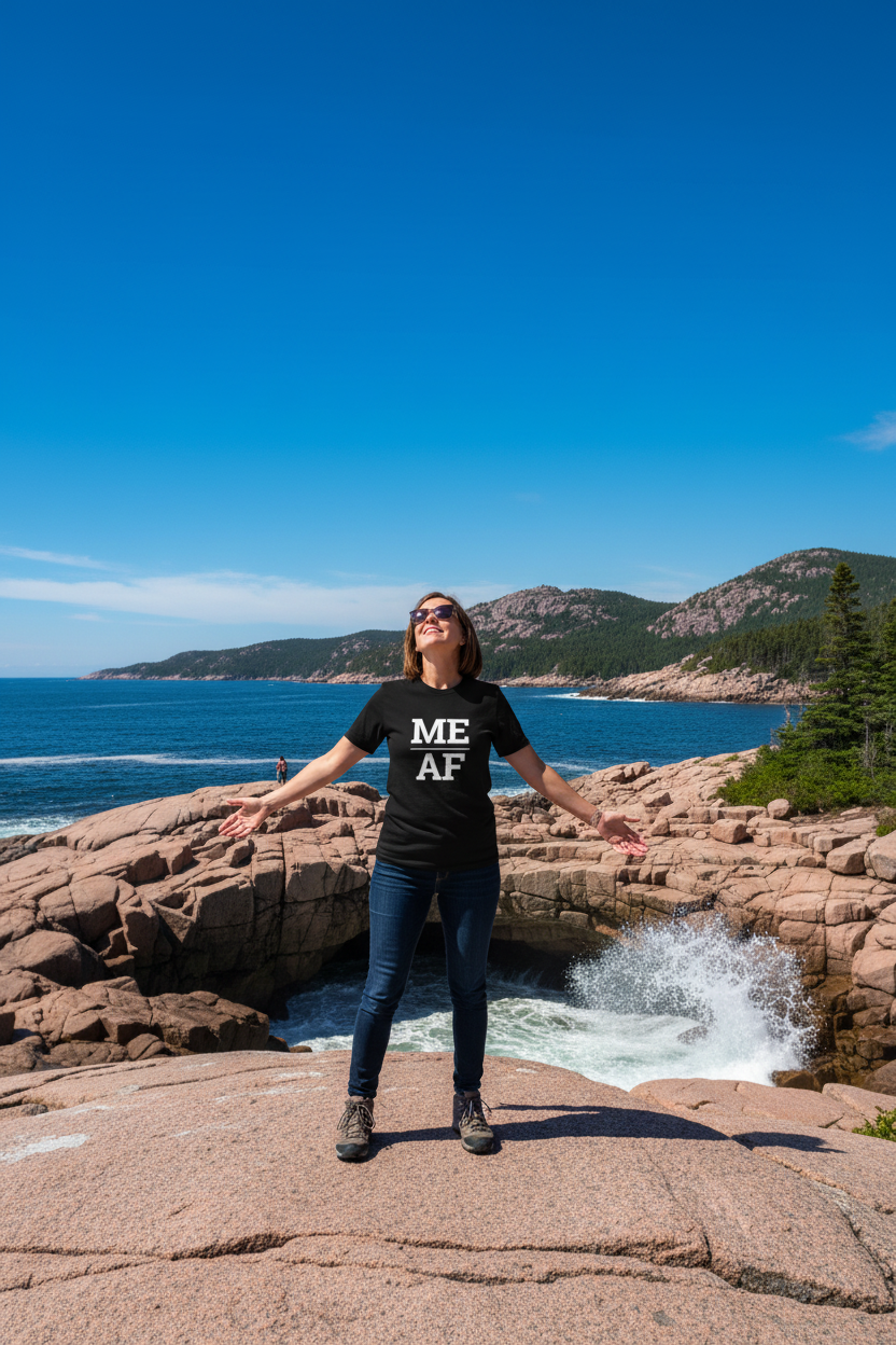 Person wearing black Maine t-shirt at Acadia National Park