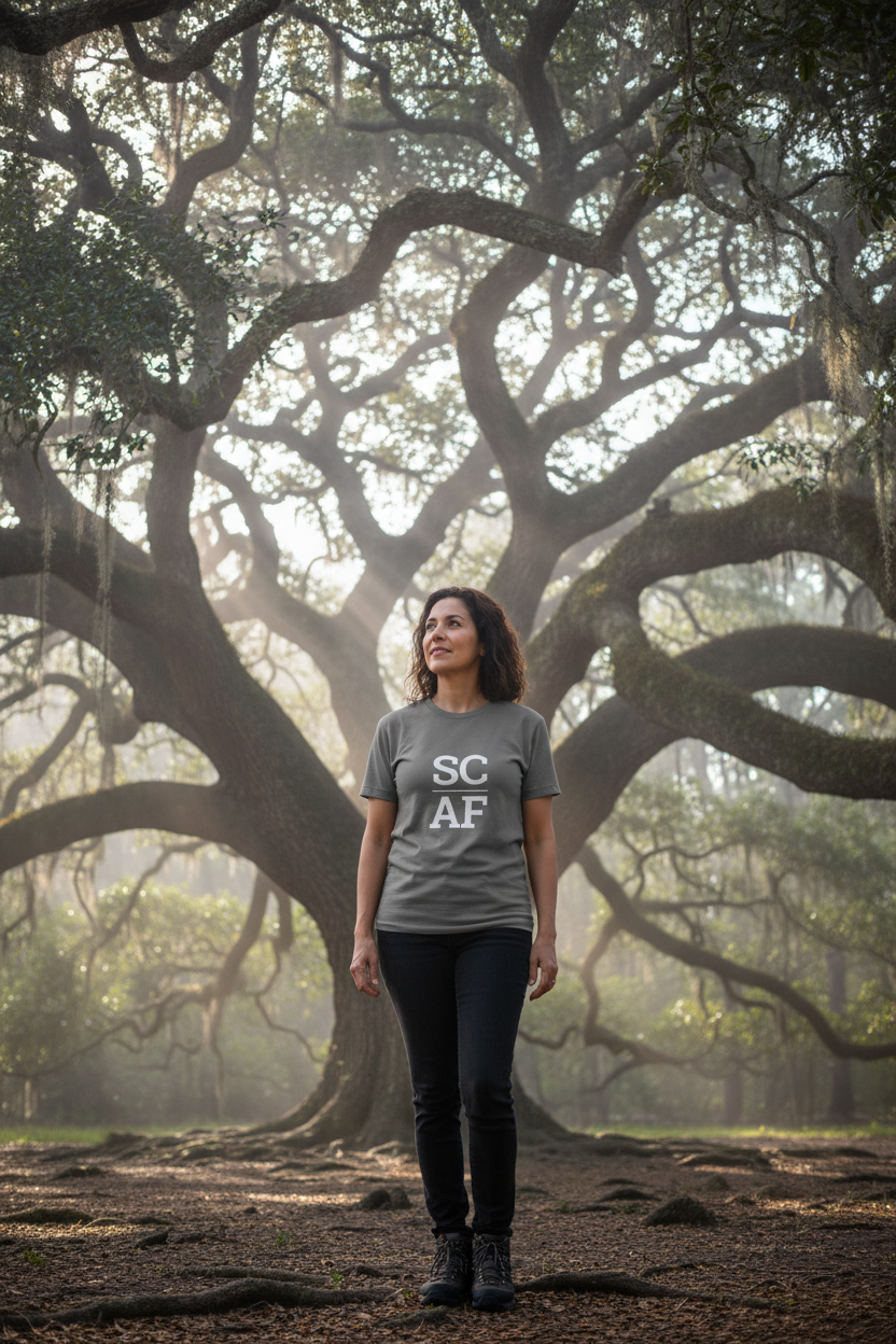 Person wearing grey South Carolina t-shirt at the Angel Oak Tree