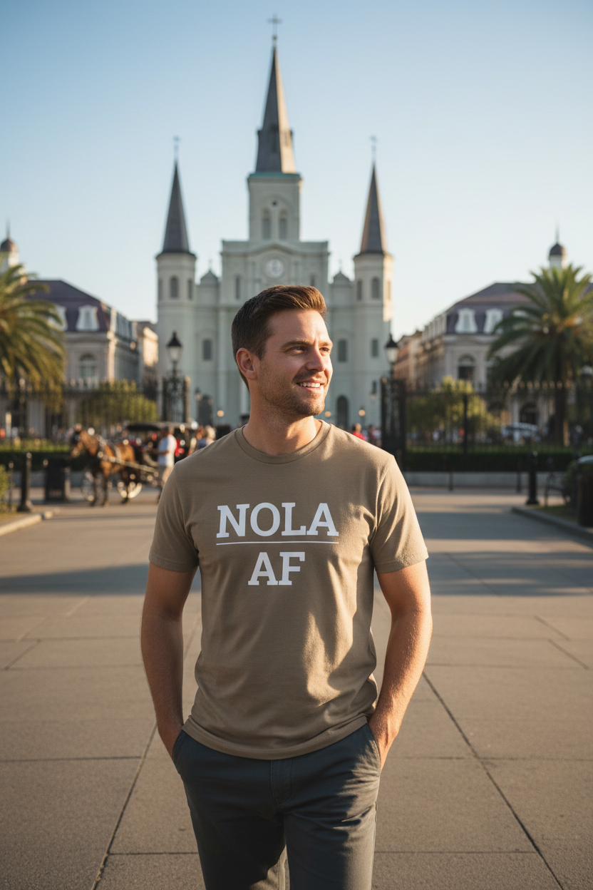 White man wearing brown NOLA_AF t-shirt at Jackson Square New Orleans