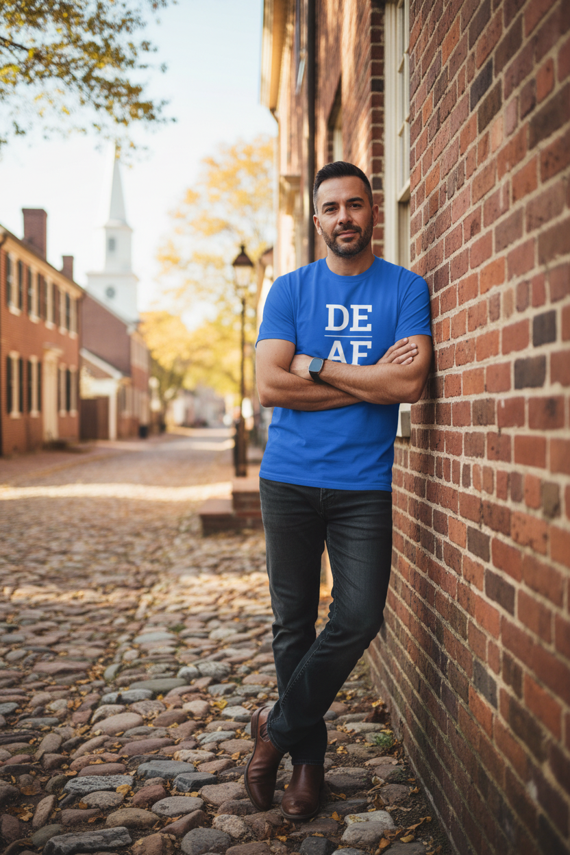 Person wearing blue Delaware t-shirt in Old New Castle historic district