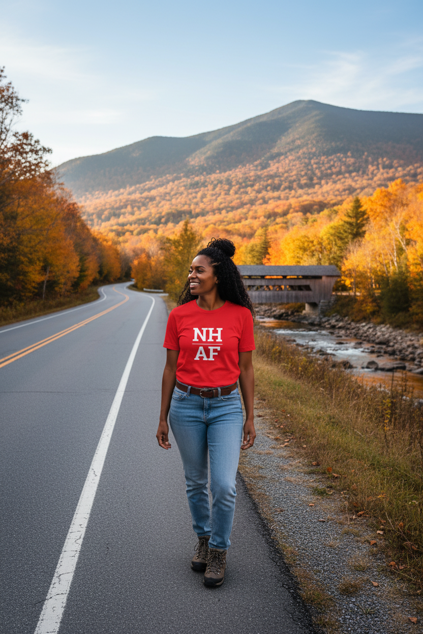 Person wearing red New Hampshire t-shirt on the Kancamagus Highway
