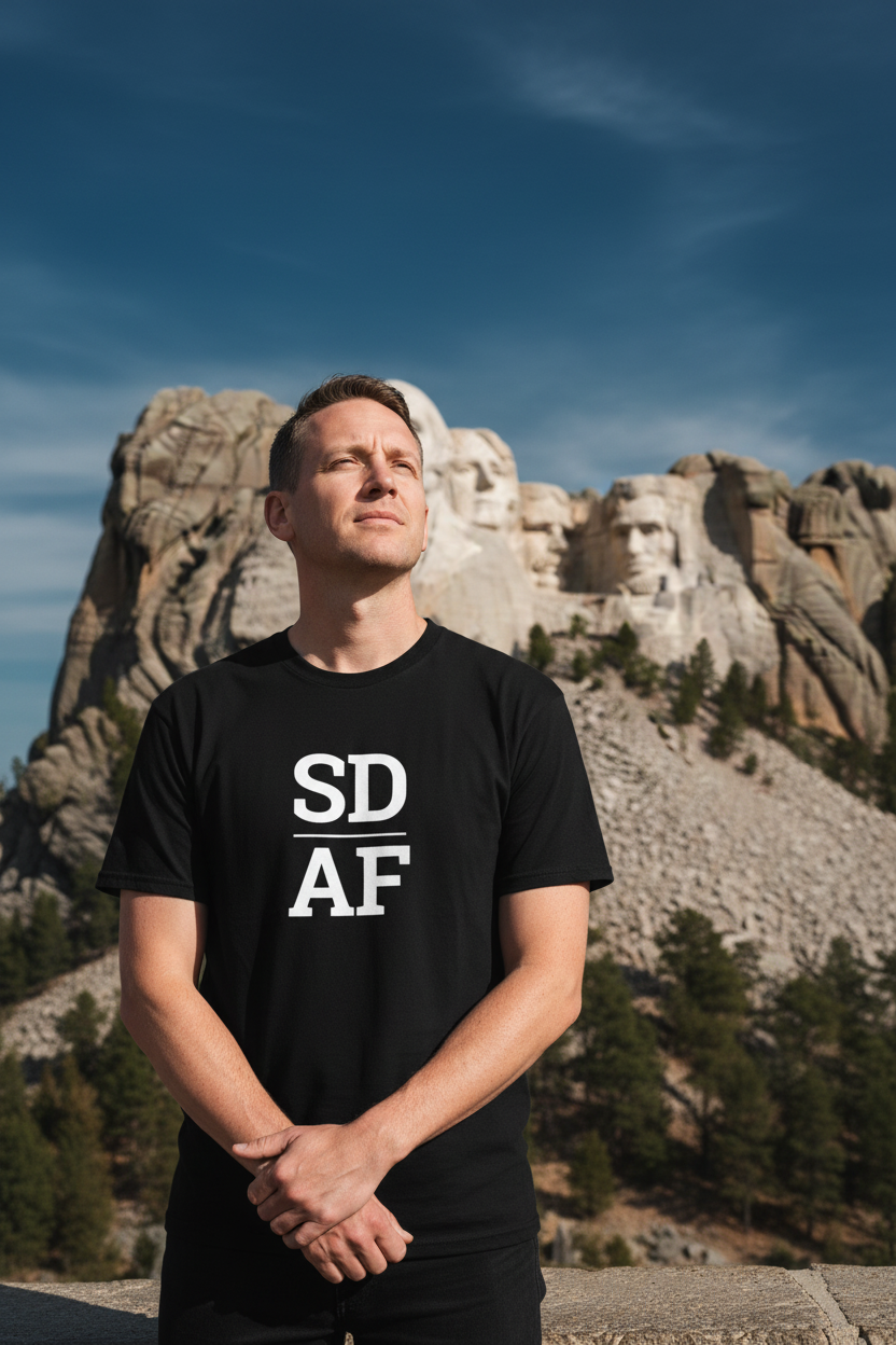 Person wearing black South Dakota t-shirt at Mount Rushmore