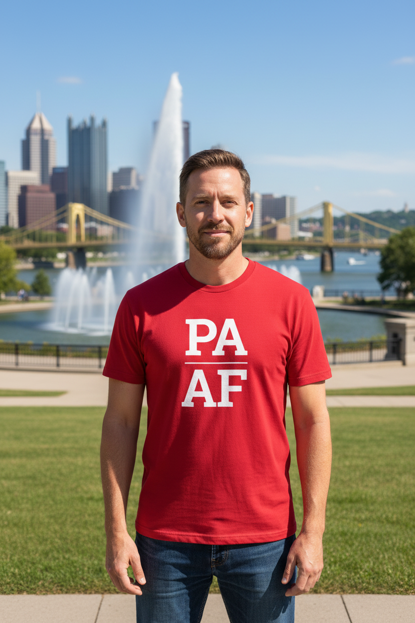 Person wearing red Pennsylvania t-shirt at Point State Park Pittsburgh