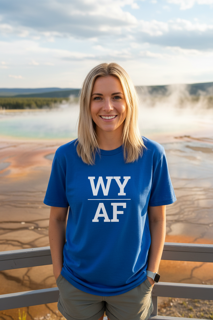 Person wearing blue WY_AF t-shirt at Grand Prismatic Spring, Wyoming