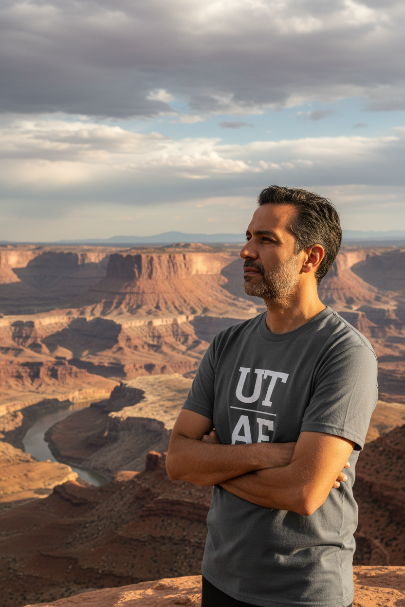 Person wearing grey Utah t-shirt at Canyonlands National Park