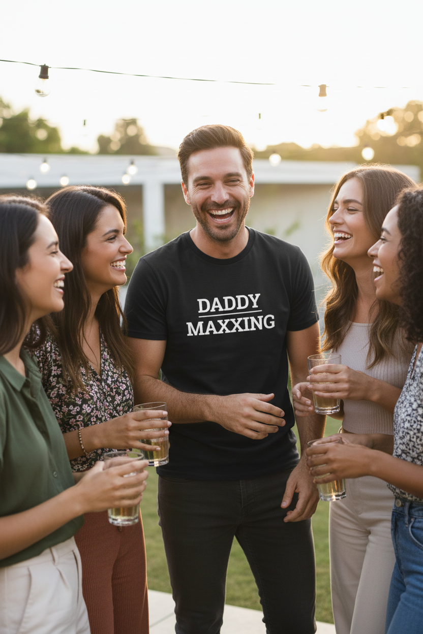 Man wearing black DADDY_MAXXING t-shirt with women laughing around him